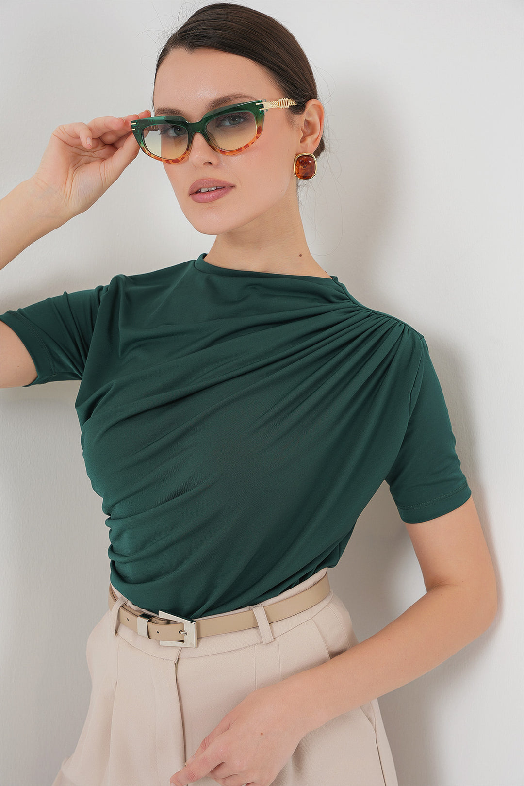 Bigdart Büzgü Detaylı Kısa Kol Sandy Bluz 945 - Vert émeraude