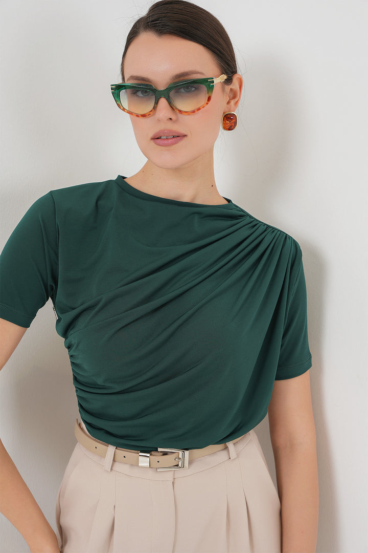 Bigdart Büzgü Detaylı Kısa Kol Sandy Bluz 945 - Vert émeraude