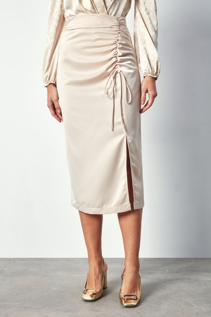 Sateen Jupe satin avec détails froncés - Beige