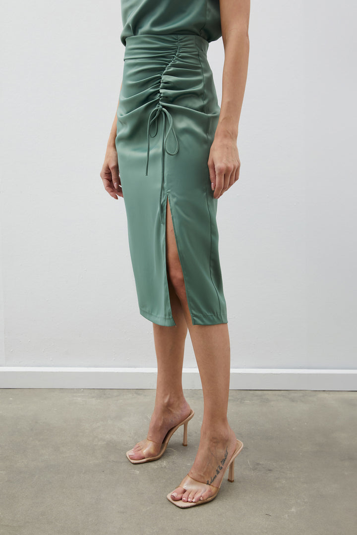 Sateen Jupe en satin avec détails froncés - Kaki