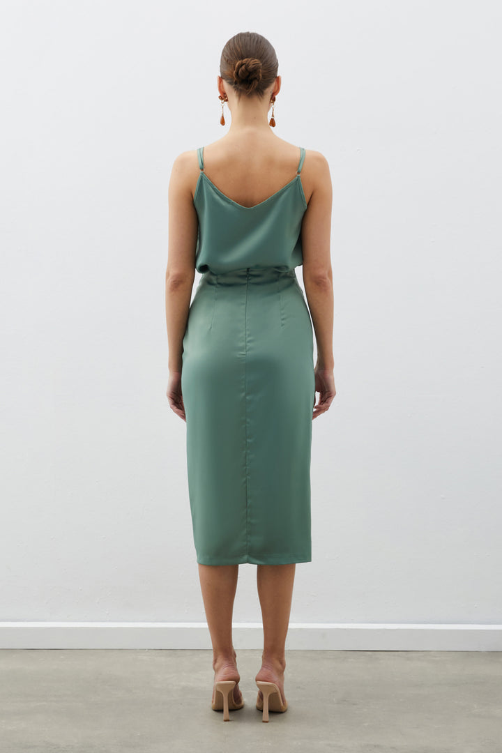 Sateen Jupe en satin avec détails froncés - Kaki