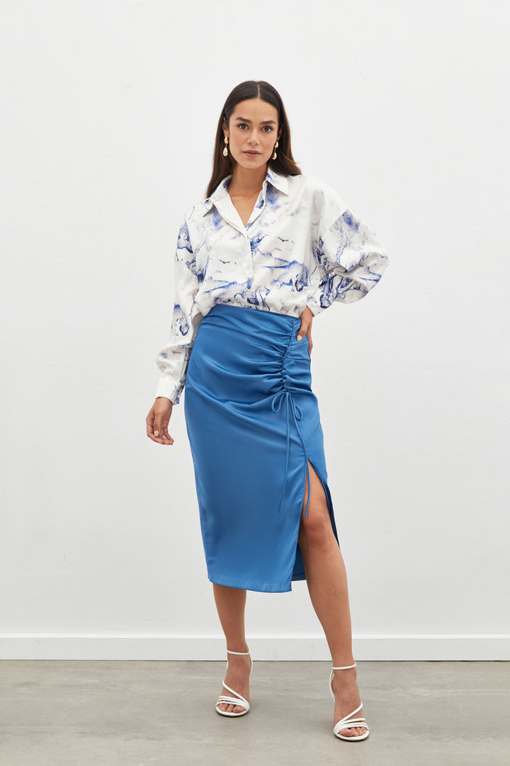 Sateen Jupe en satin avec détails froncés - Indigo