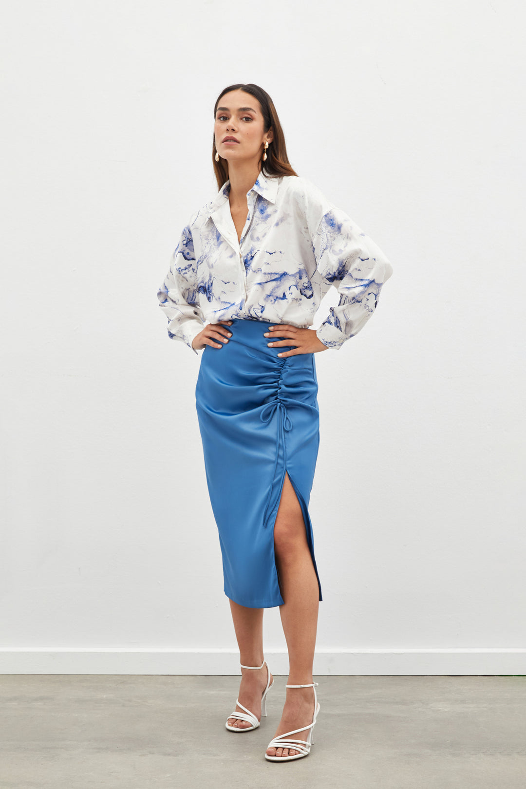 Sateen Jupe en satin avec détails froncés - Indigo