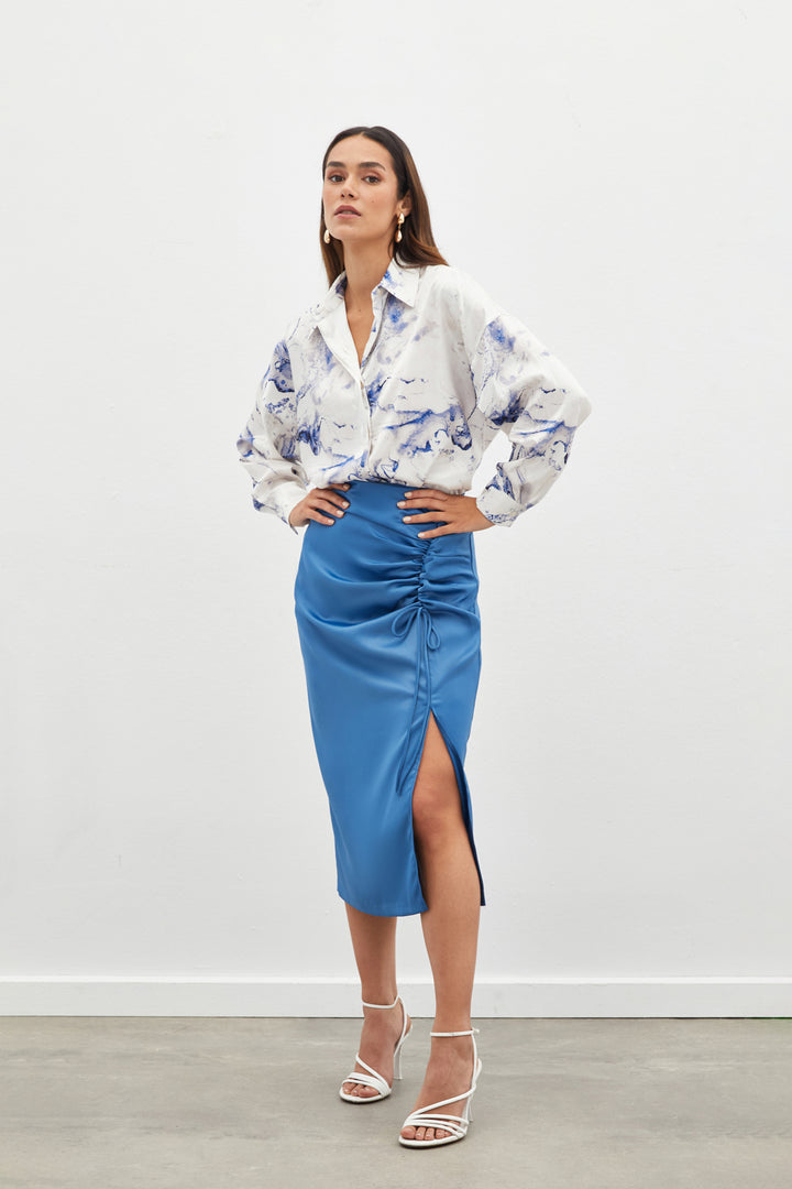 Sateen Jupe en satin avec détails froncés - Indigo