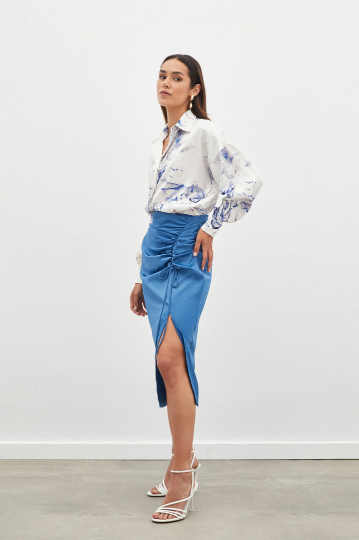 Sateen Jupe en satin avec détails froncés - Indigo