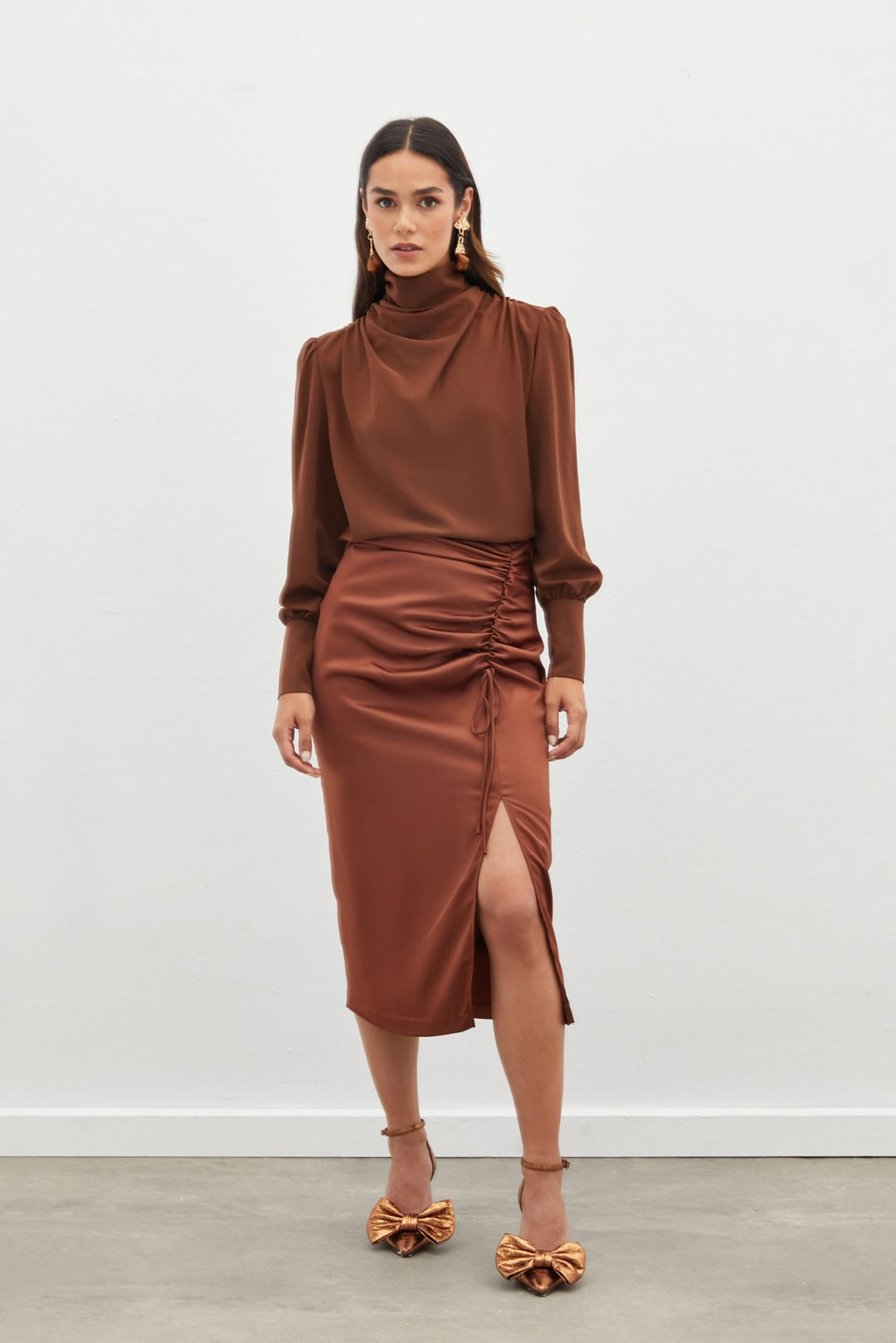 Sateen Jupe en Satin avec Détail de Fronces - Marron