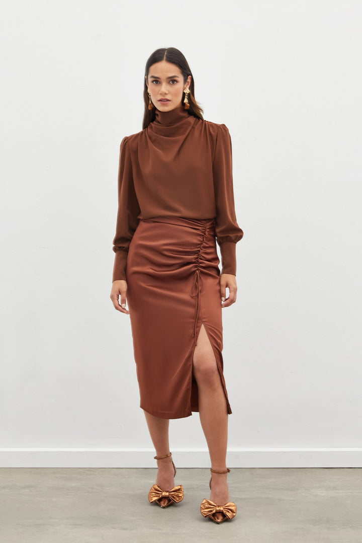 Sateen Jupe en Satin avec Détail de Fronces - Marron