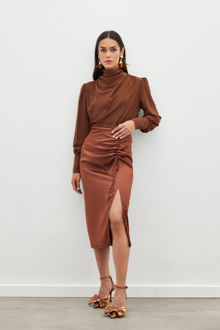 Sateen Jupe en Satin avec Détail de Fronces - Marron