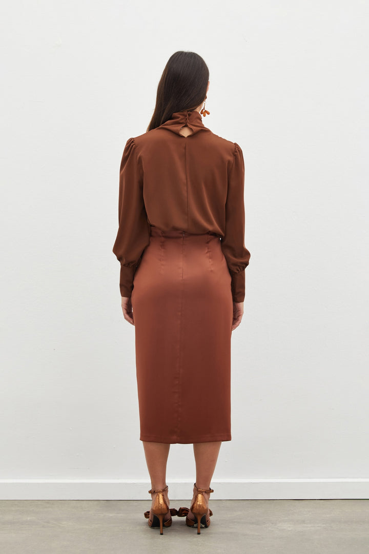 Sateen Jupe en Satin avec Détail de Fronces - Marron