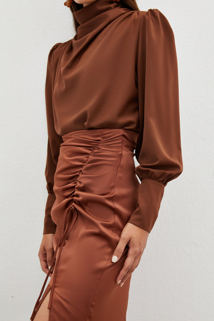 Sateen Jupe en Satin avec Détail de Fronces - Marron