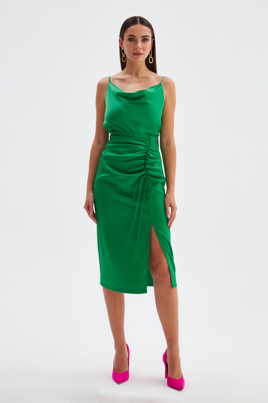 Sateen Jupe en satin à détails froncés - Émeraude
