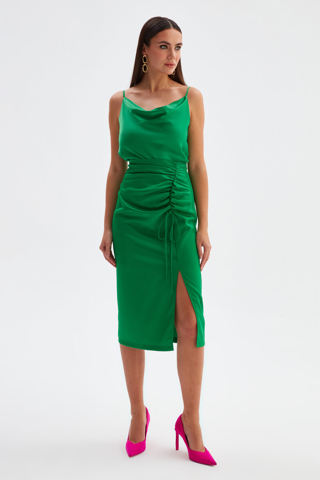 Sateen Jupe en satin à détails froncés - Émeraude