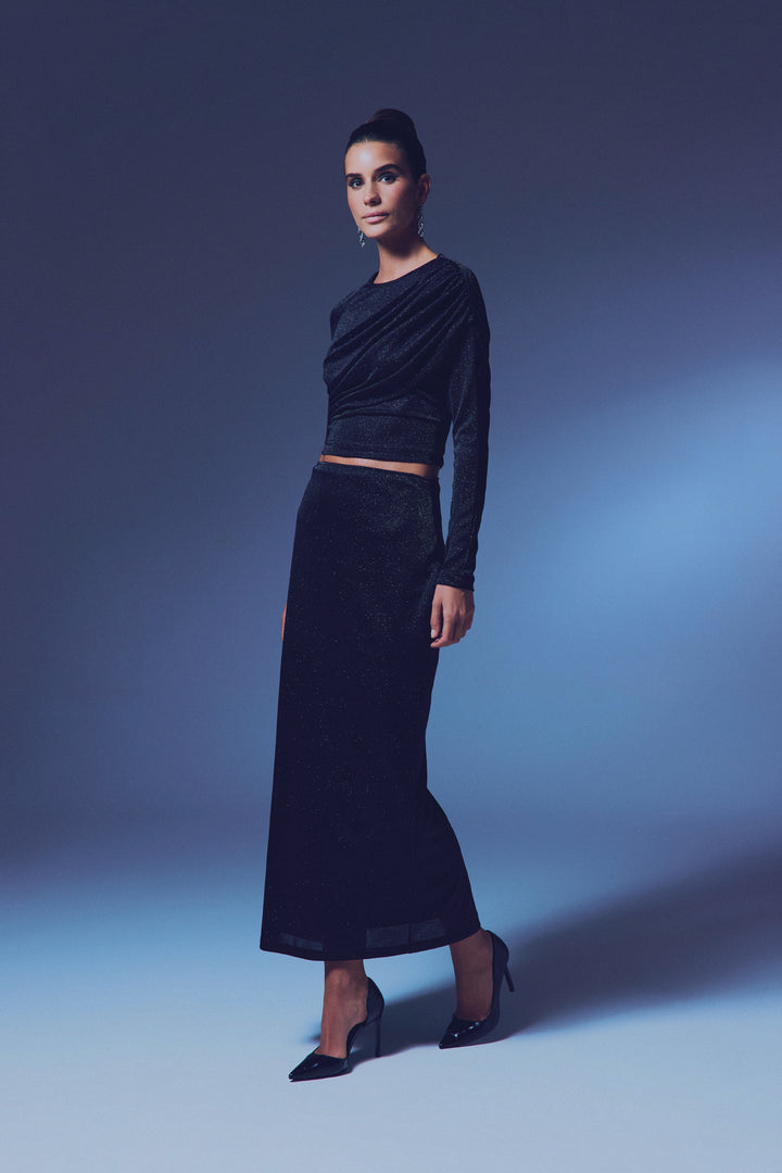 Sateen Blouse scintillante avec détails froncés - Noir