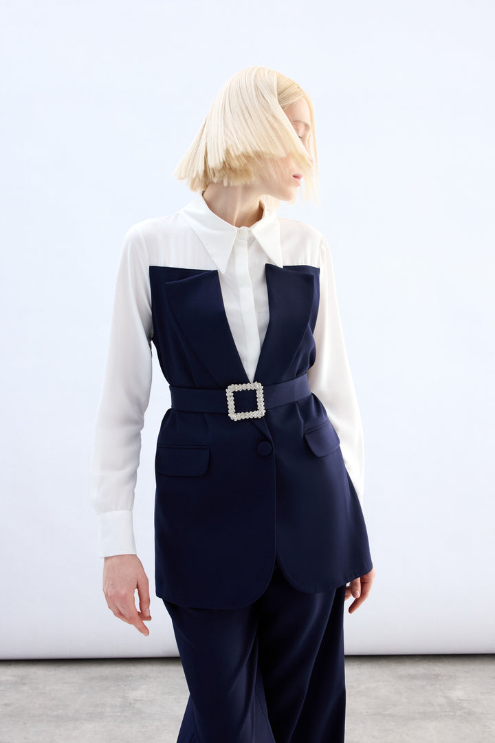 Sateen Chemise style veste - Bleu marine