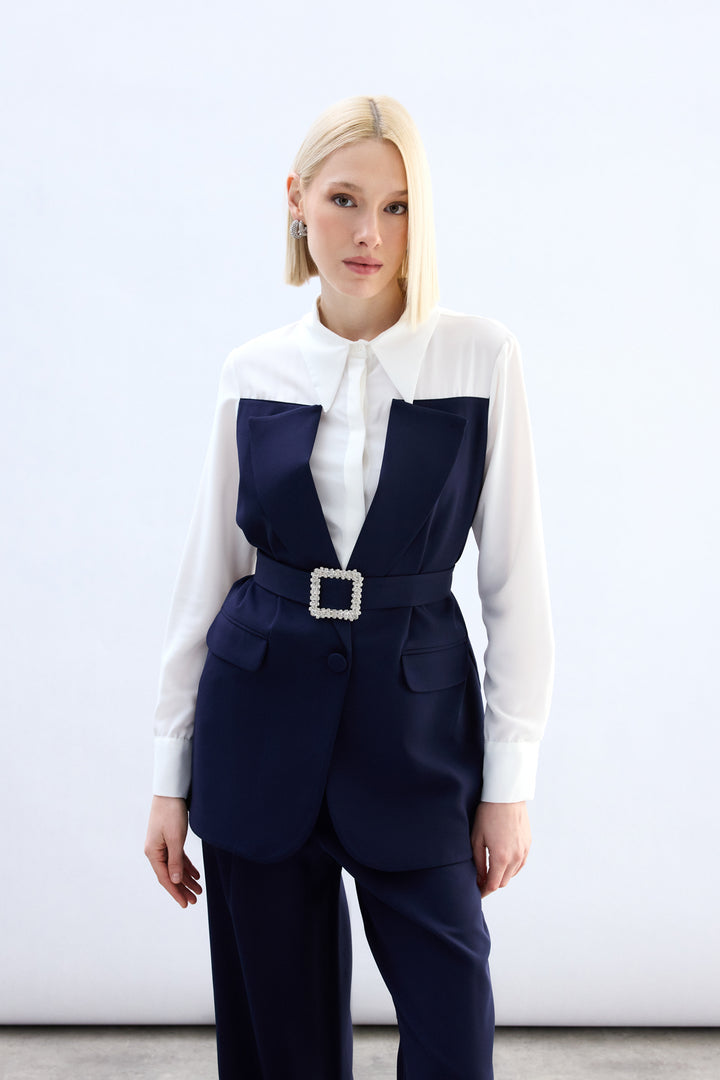 Sateen Chemise style veste - Bleu marine