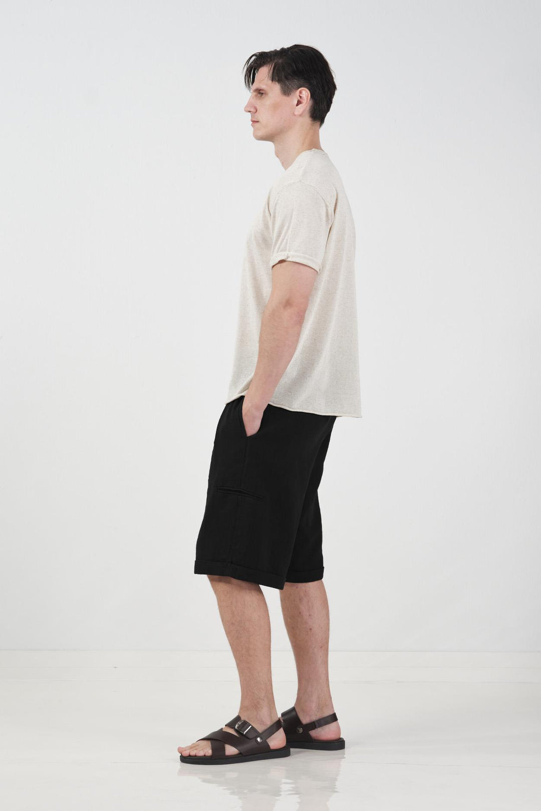 Giesto Short en lin noir avec poches - Noir