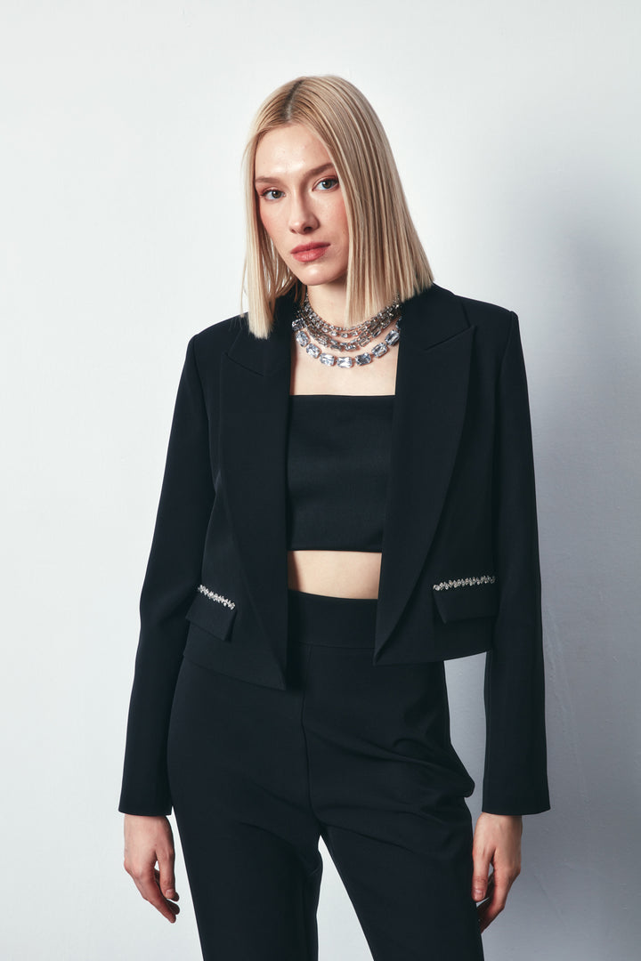 Sateen Veste Courte avec Détail de Pierre - Noir