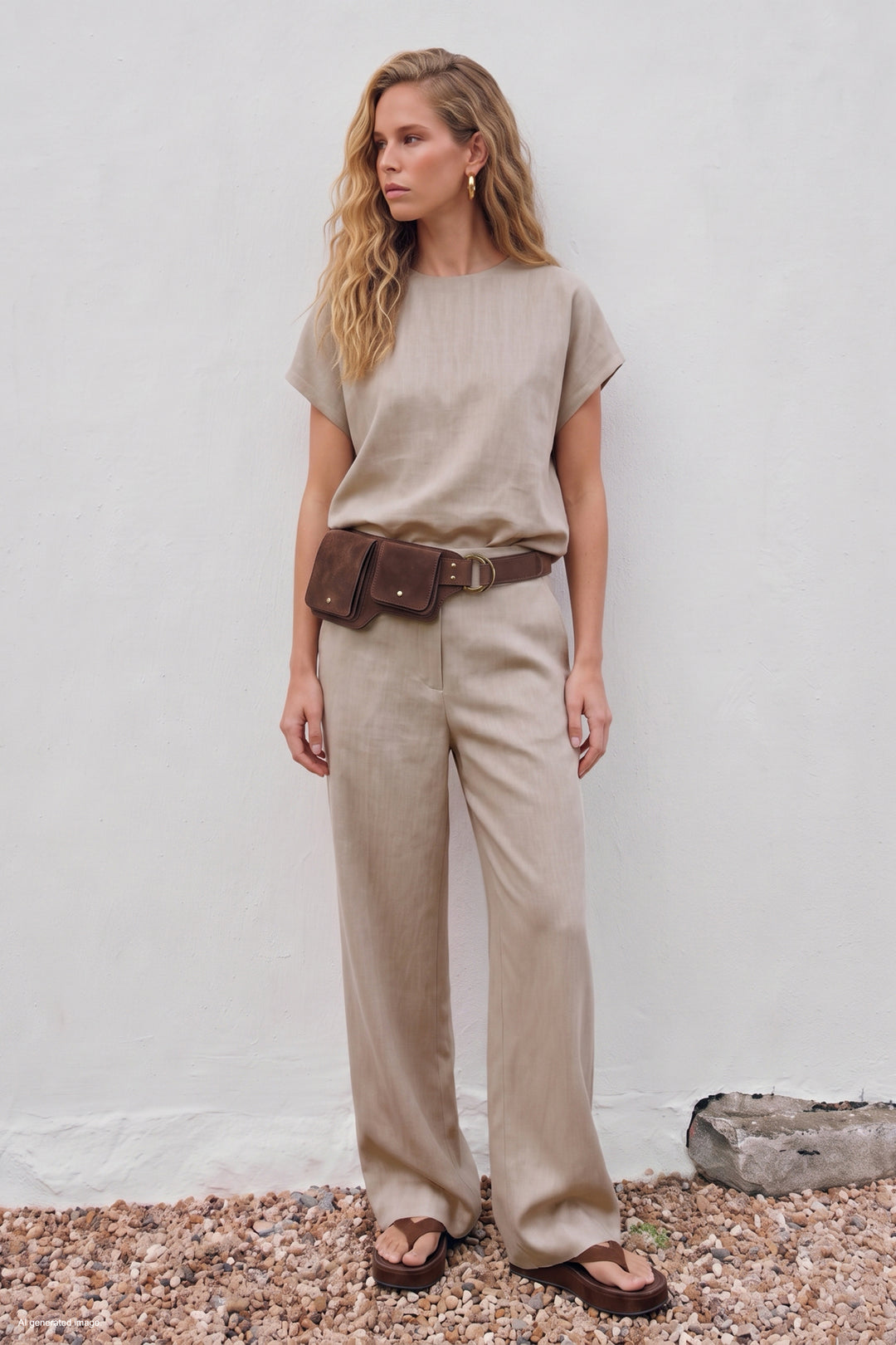 Sateen Pantalon large avec poches - Beige