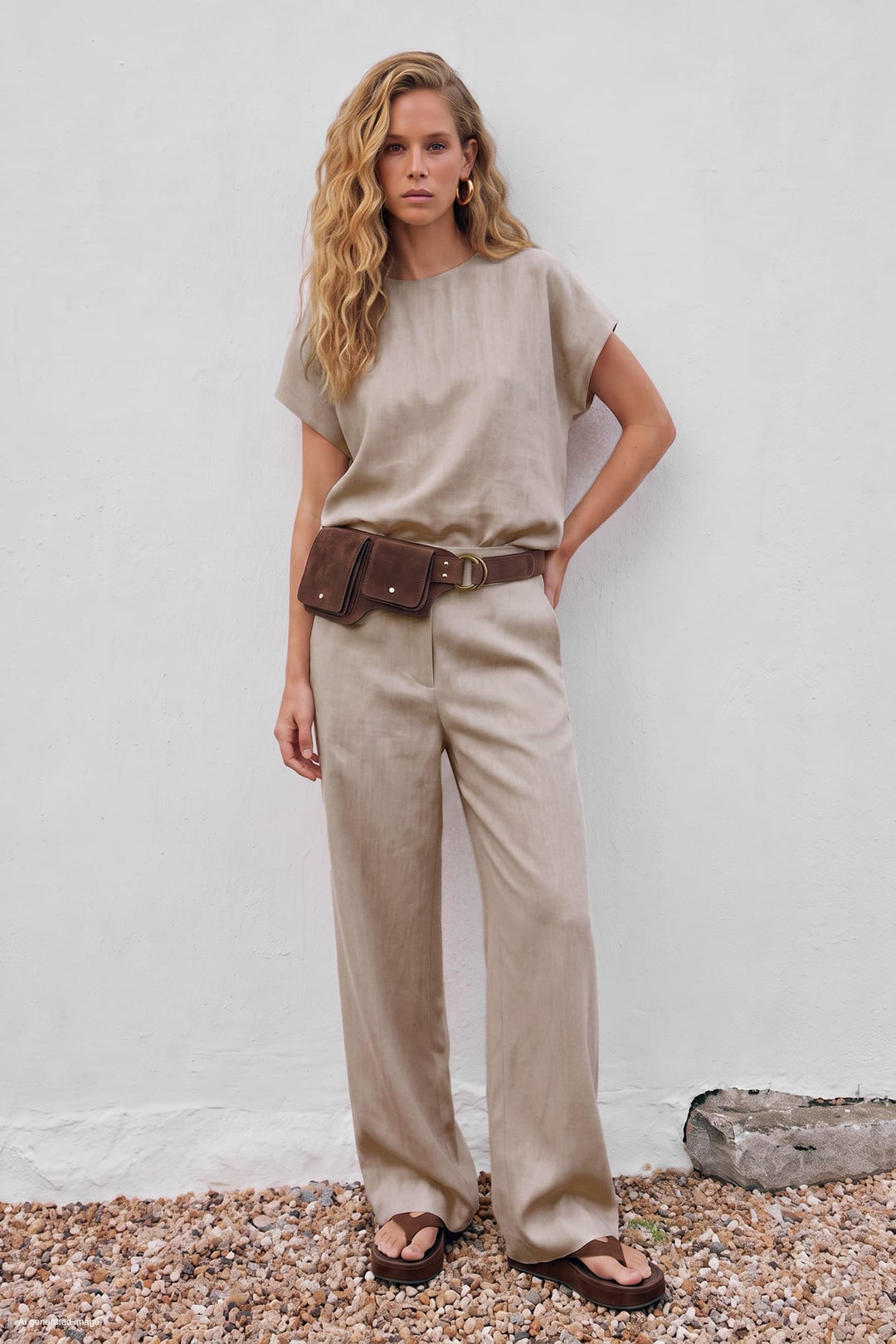Sateen Pantalon large avec poches - Beige