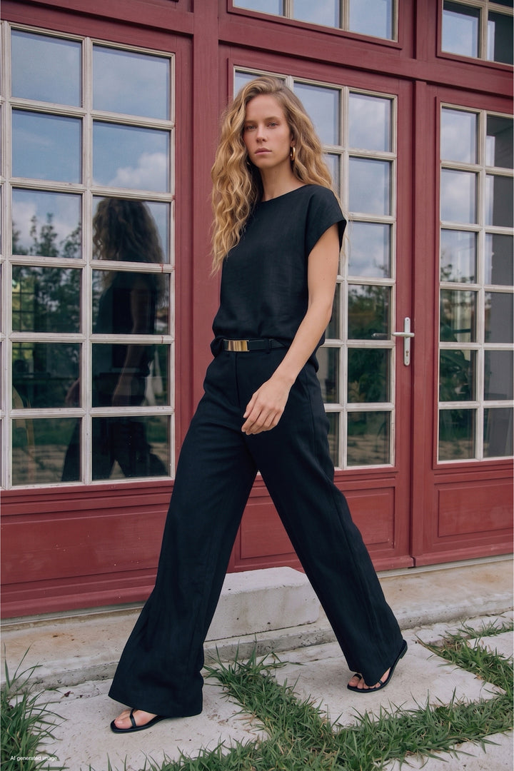 Sateen Pantalon large avec poches - Noir