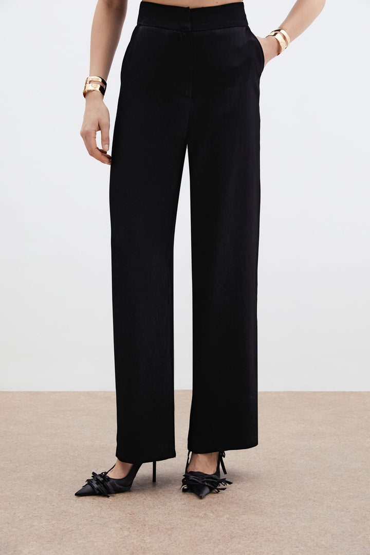 Sateen Pantalon large avec poches - Noir