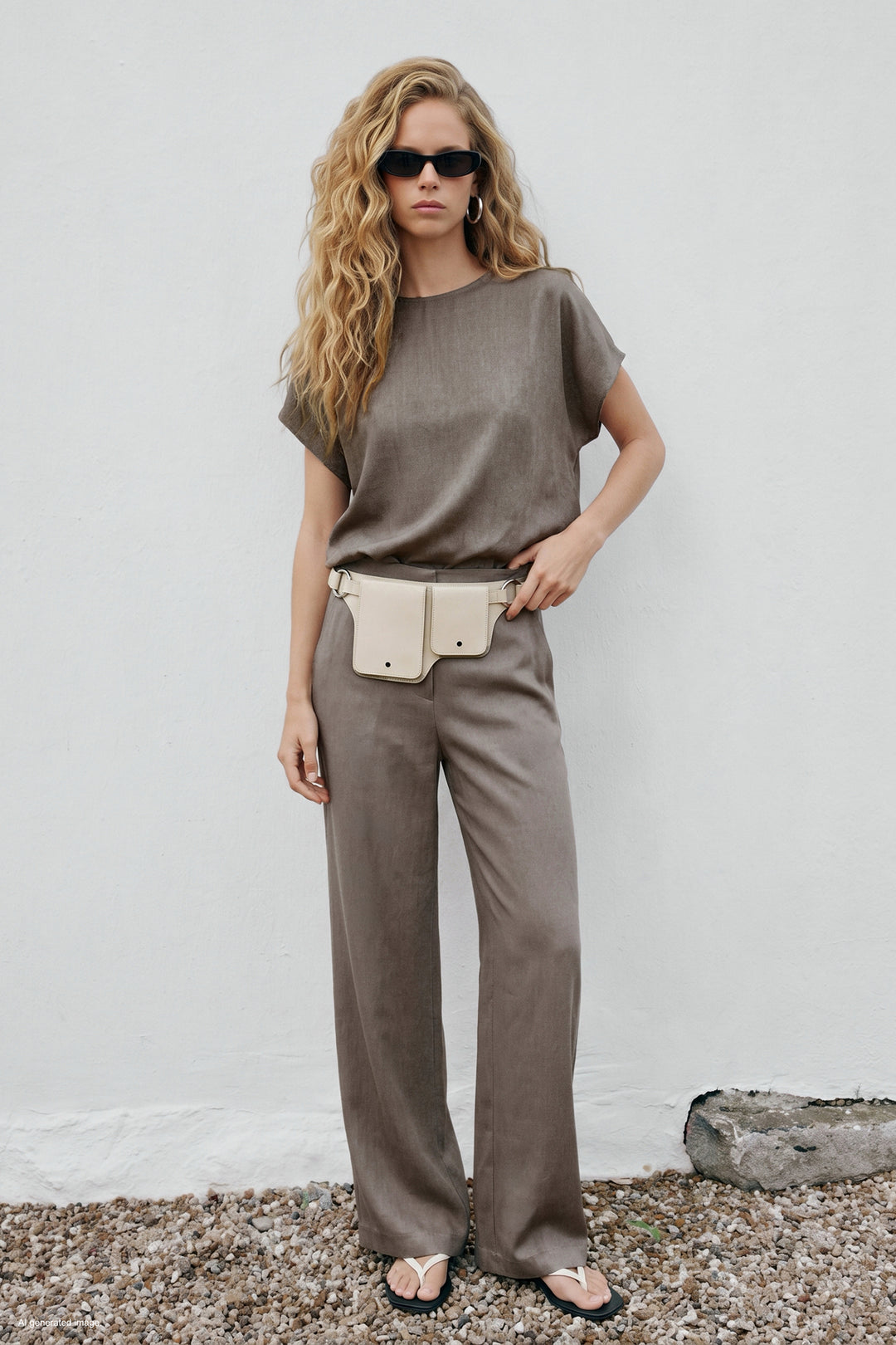 Sateen Pantalon large avec poches - Vison