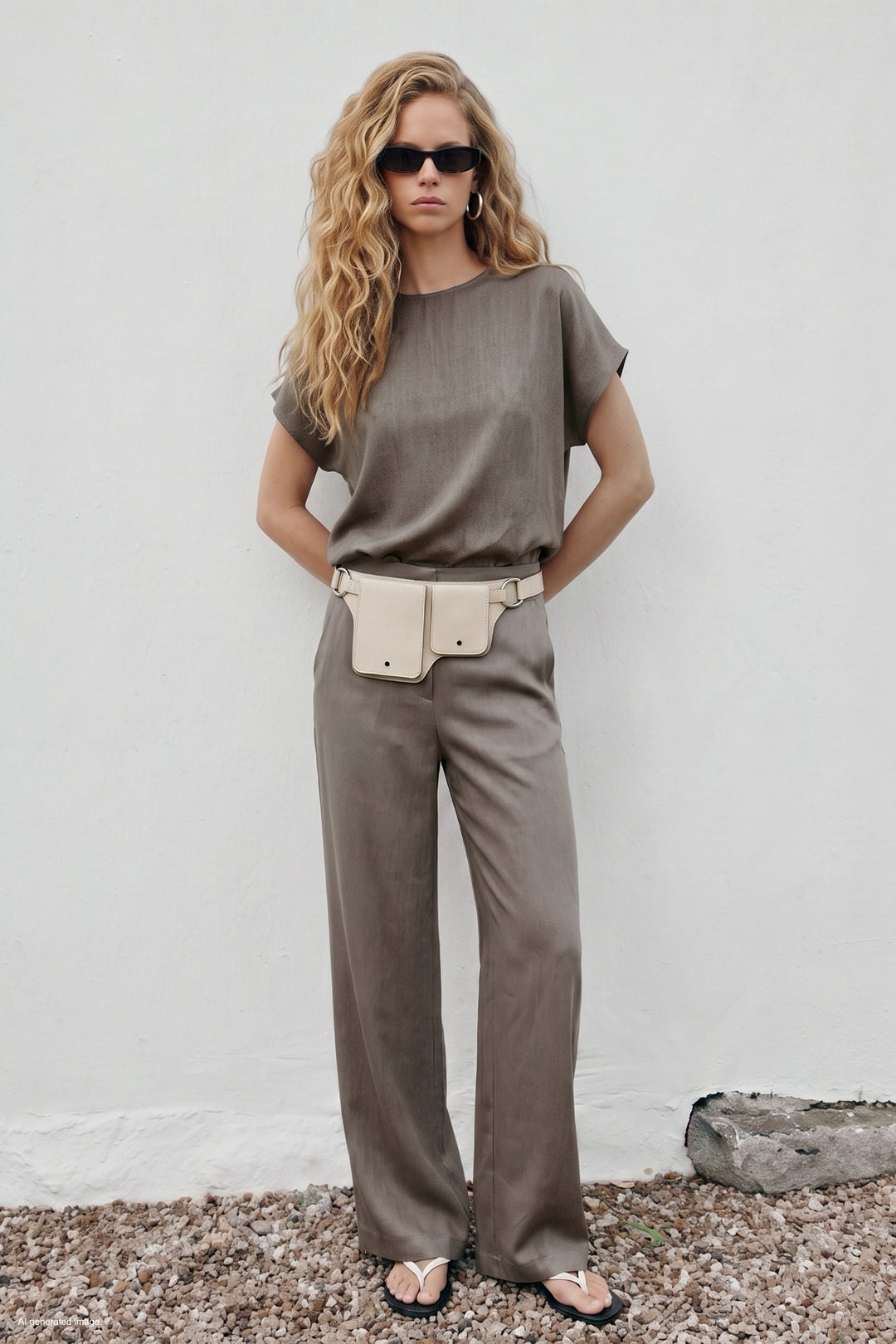 Sateen Pantalon large avec poches - Vison