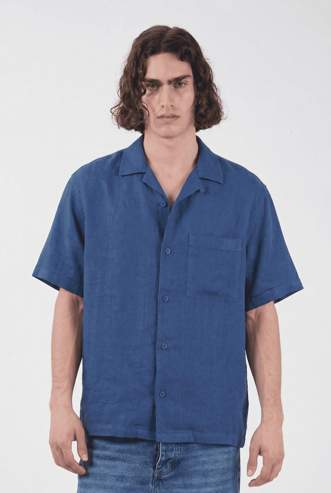 Giesto Chemise en lin indigo à manches courtes avec poches - Indigo