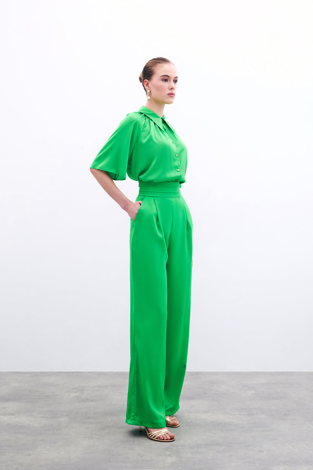 Sateen Pantalon satin ample avec poches - Clair Vert