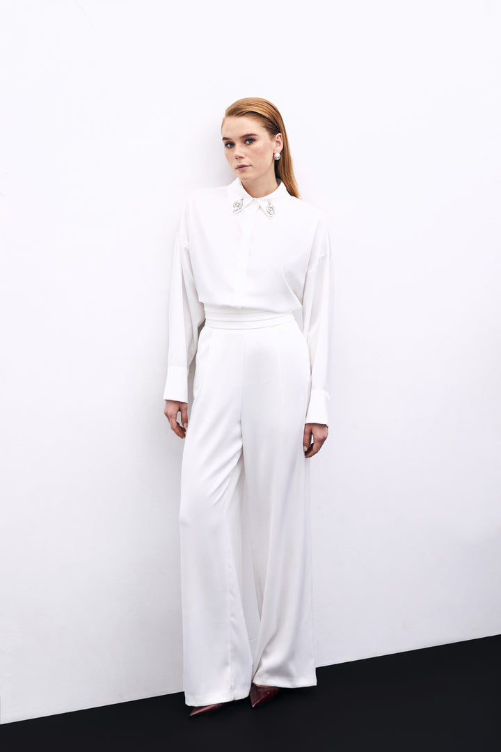Sateen Pantalon Satiné Ample À Poches - Écru