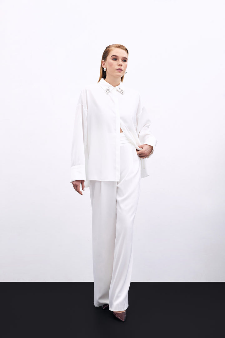 Sateen Pantalon Satiné Ample À Poches - Écru