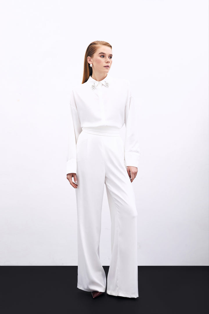 Sateen Pantalon Satiné Ample À Poches - Écru