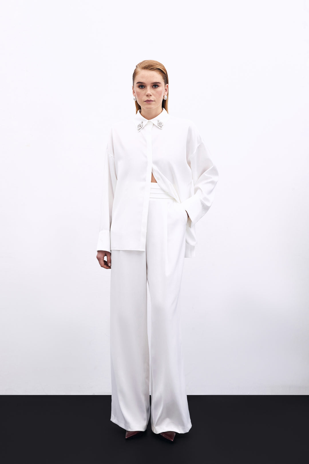 Sateen Pantalon Satiné Ample À Poches - Écru