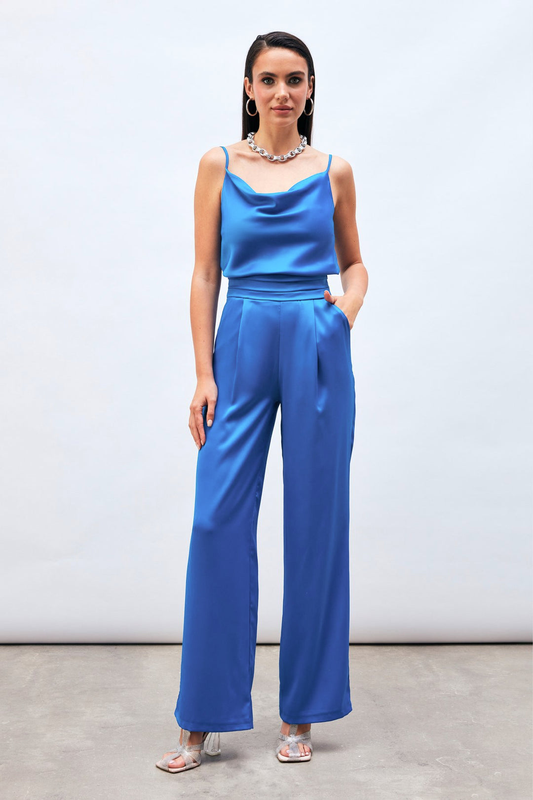 Sateen Pantalon Satiné Ample avec Poches - Indigo