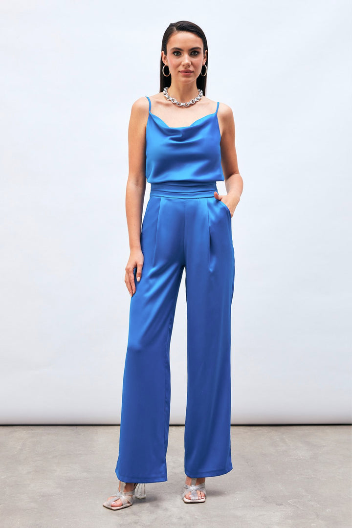 Sateen Pantalon Satiné Ample avec Poches - Indigo