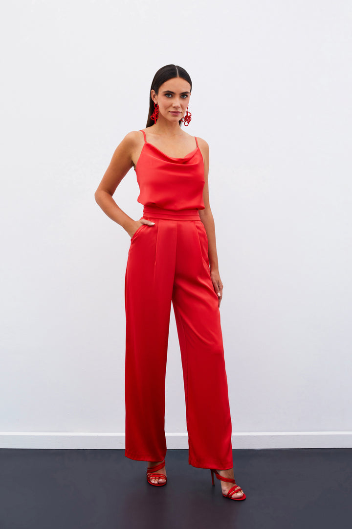 Sateen Pantalon Satiné Ample avec Poches - Corail
