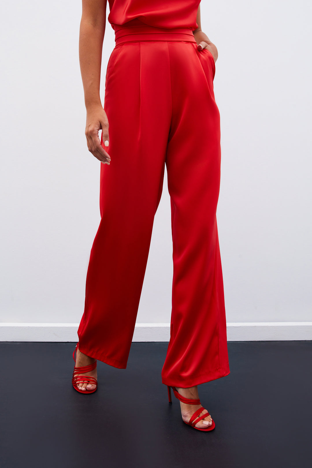 Sateen Pantalon Satiné Ample avec Poches - Corail