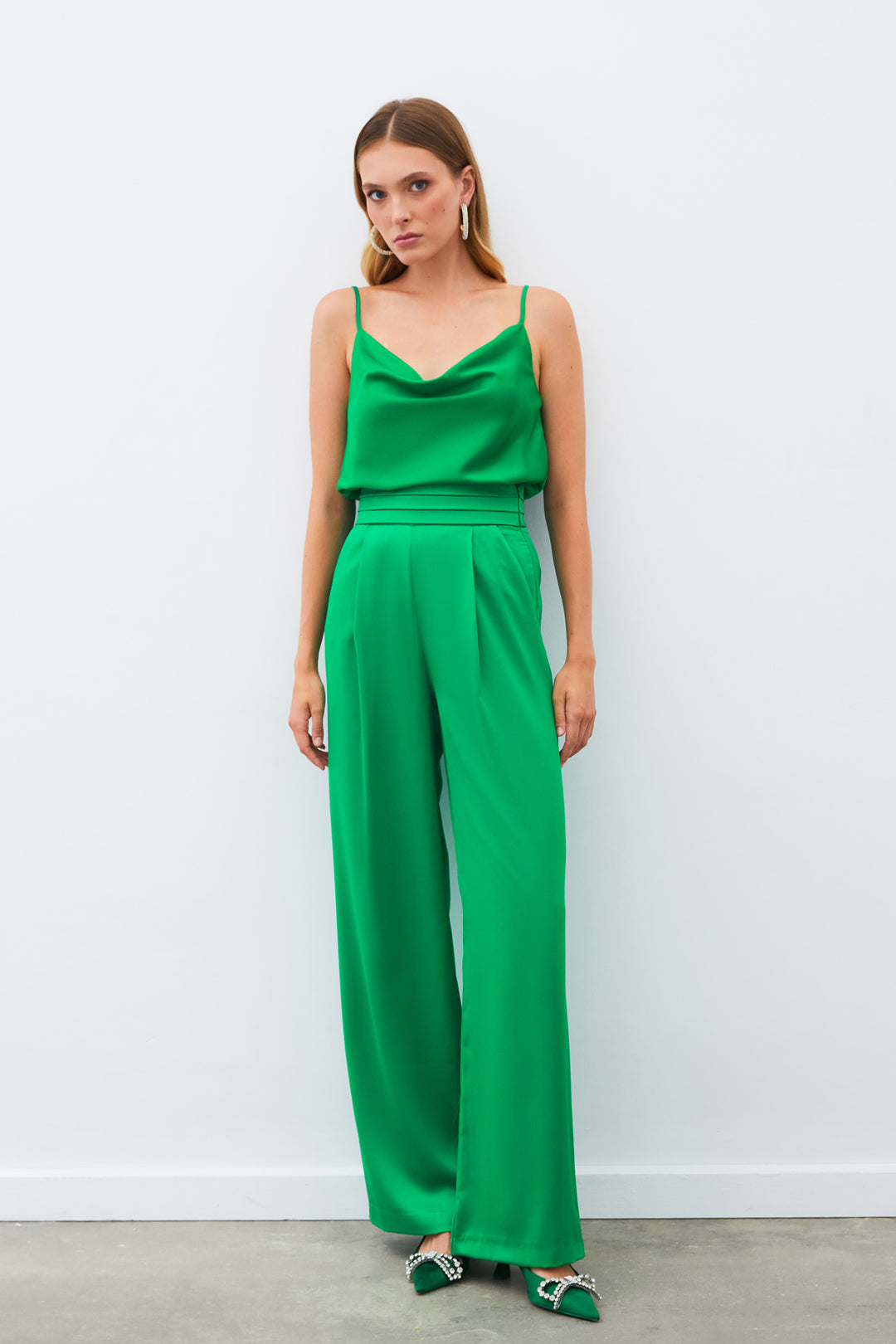 Sateen Pantalon Satiné Ample À Poches - Vert