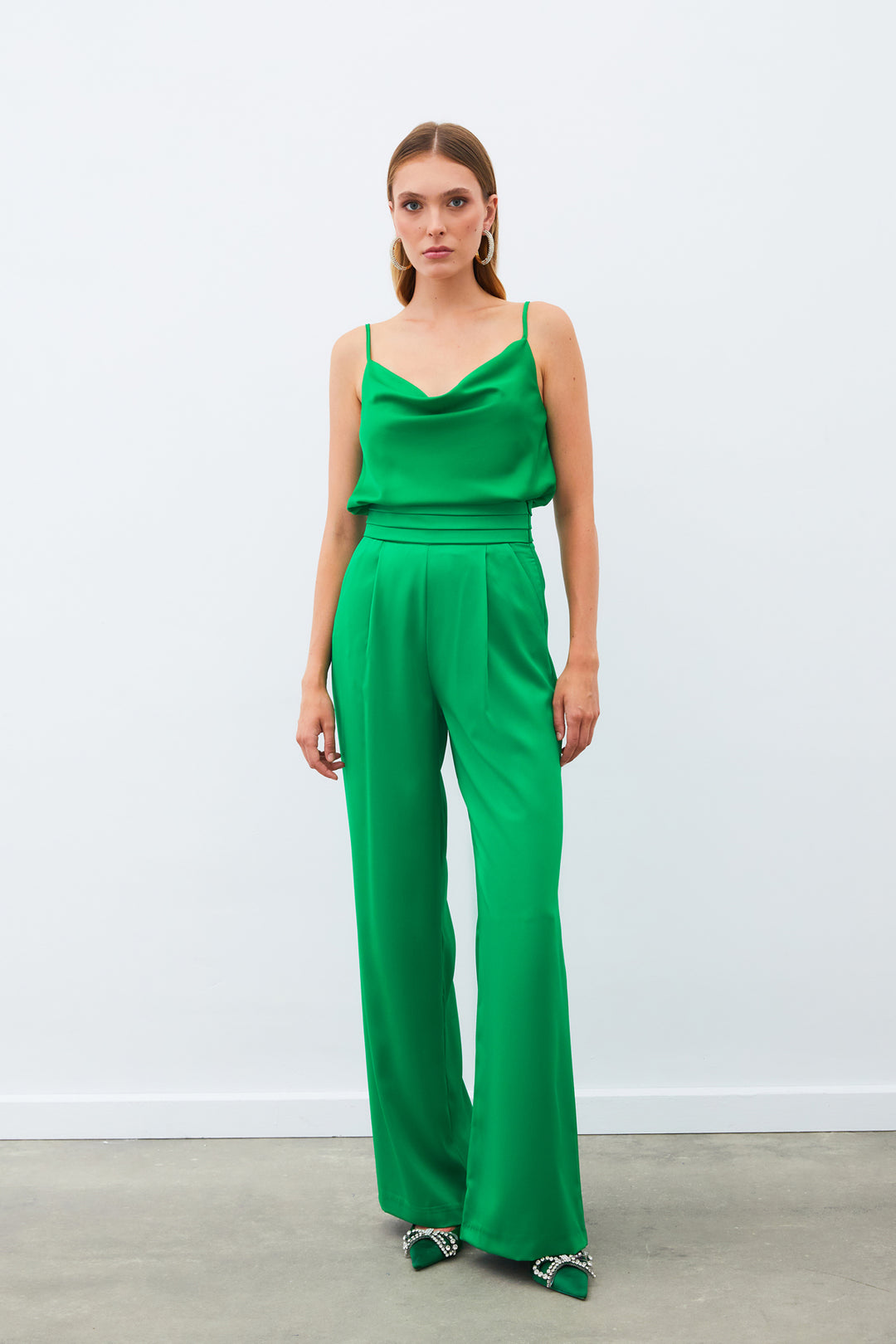 Sateen Pantalon Satiné Ample À Poches - Vert