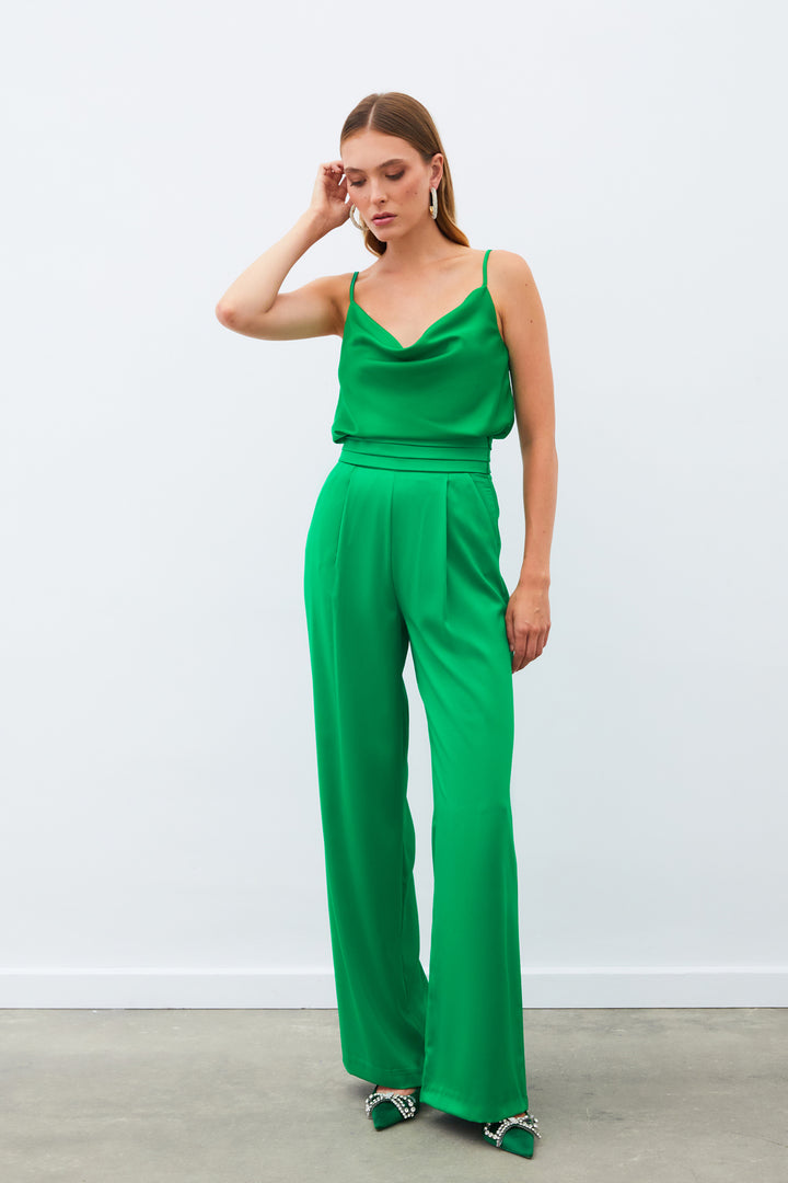 Sateen Pantalon Satiné Ample À Poches - Vert