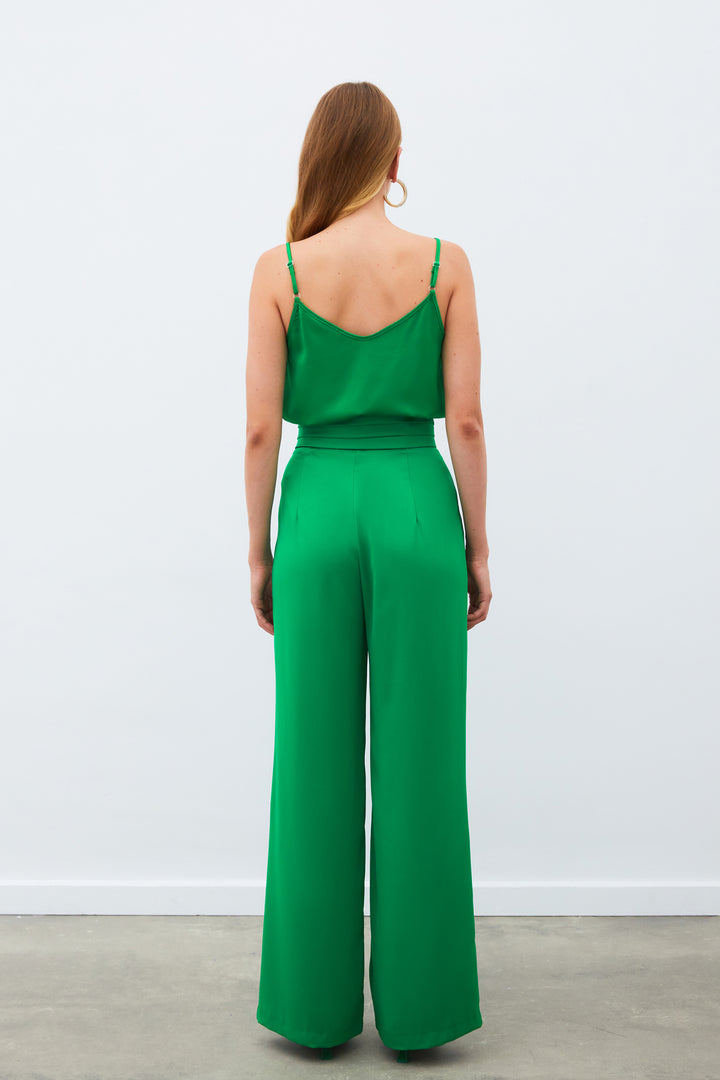 Sateen Pantalon Satiné Ample À Poches - Vert