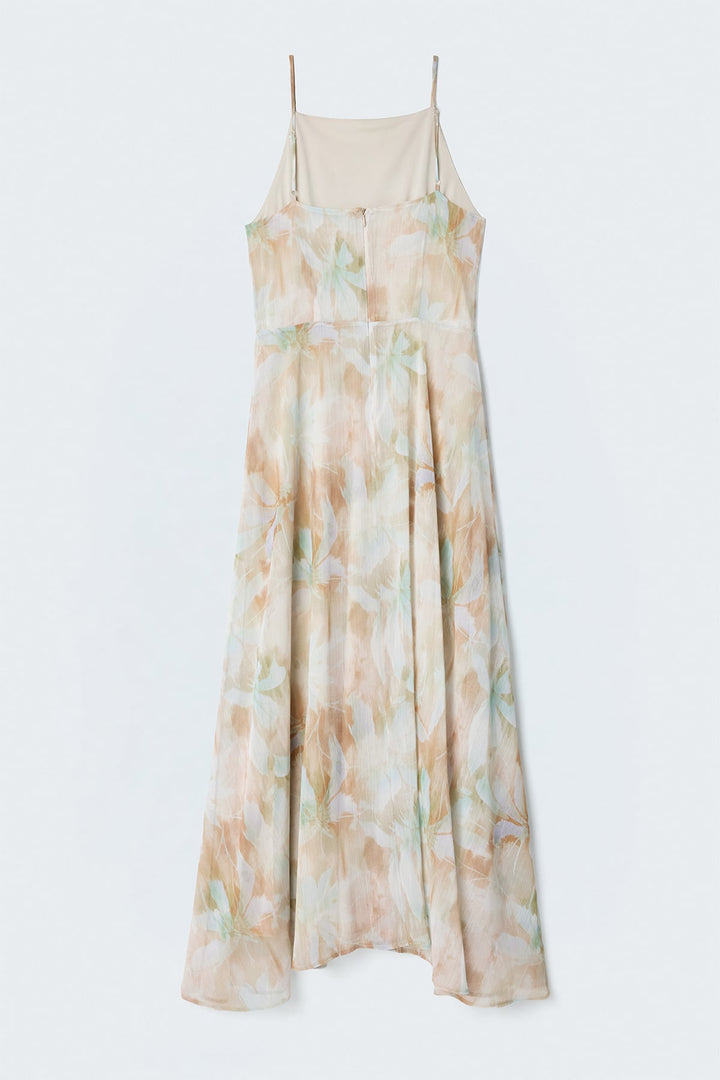 Sateen Robe Longue à Bretelles à Fleurs - Beige