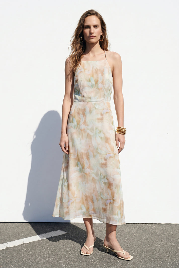 Sateen Robe Longue à Bretelles à Fleurs - Beige