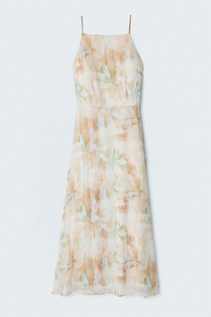 Sateen Robe Longue à Bretelles à Fleurs - Beige