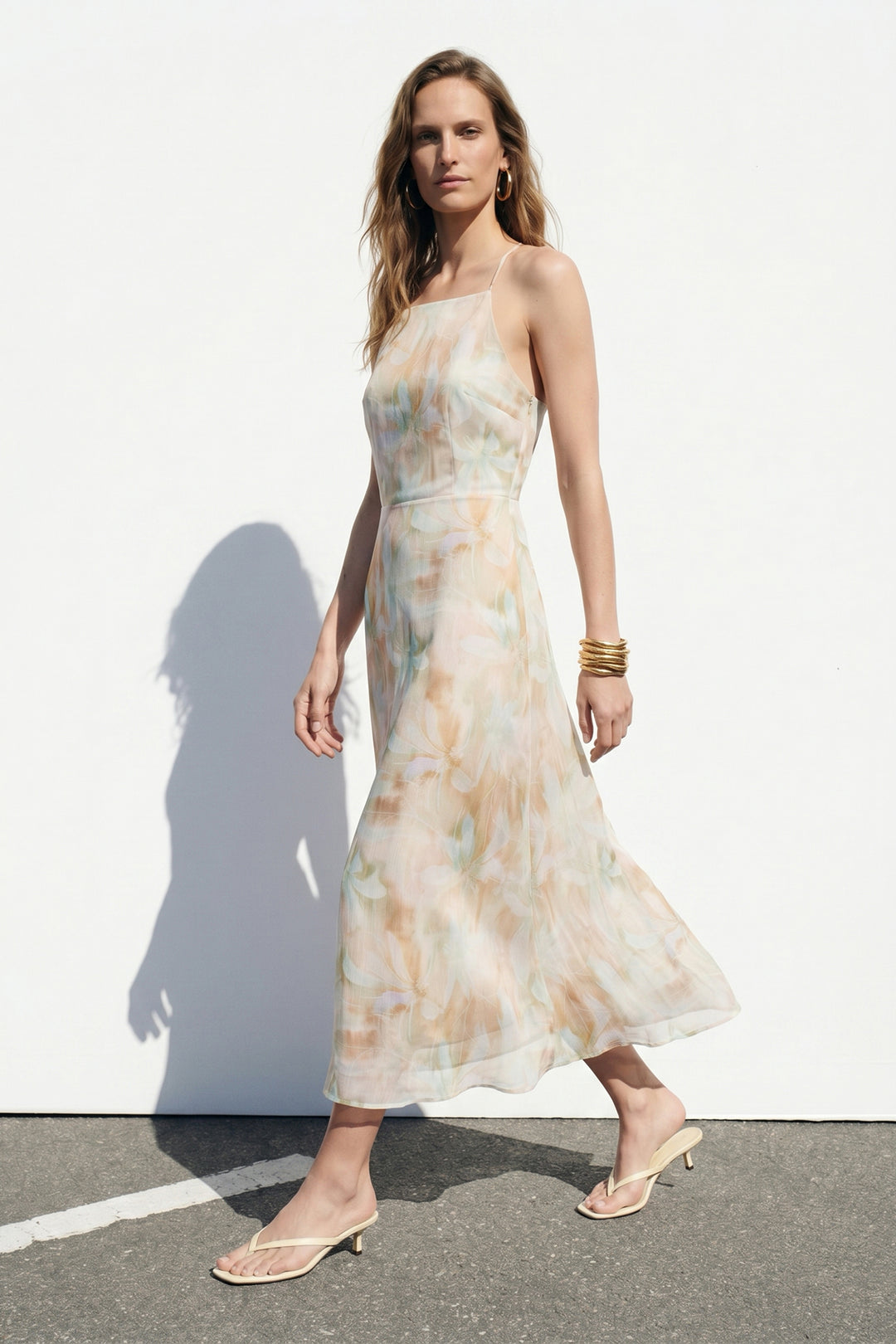 Sateen Robe Longue à Bretelles à Fleurs - Beige