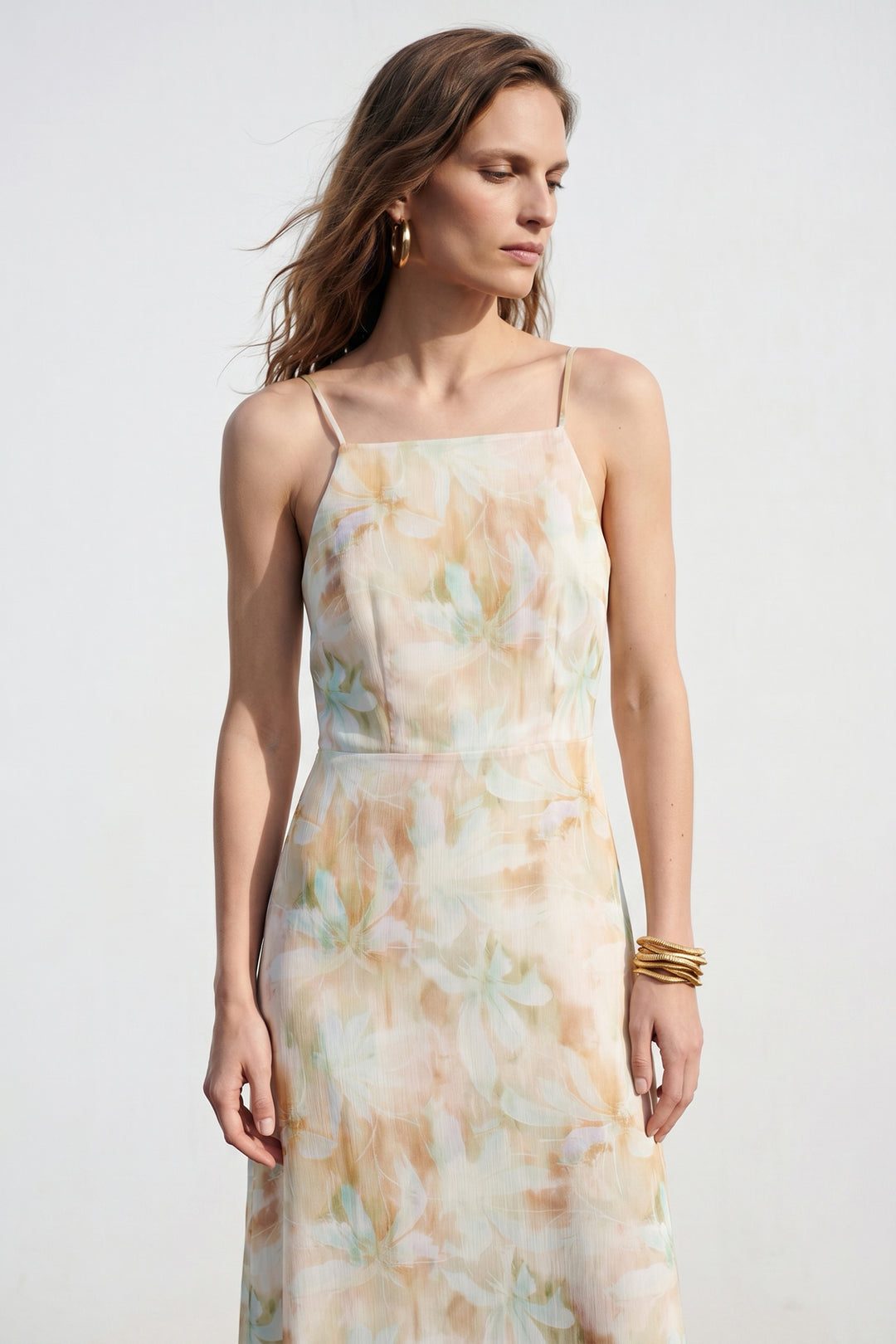 Sateen Robe Longue à Bretelles à Fleurs - Beige