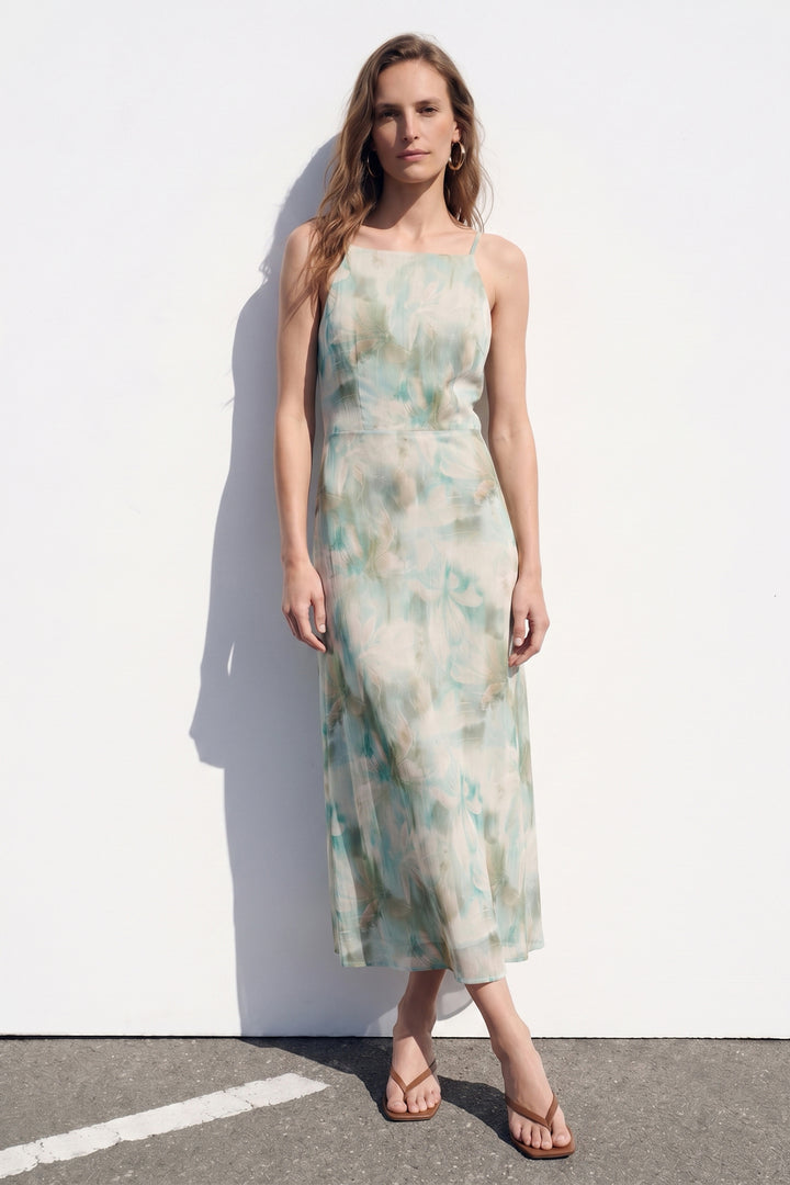 Sateen Robe Longue à Bretelles à Fleurs - Menthe