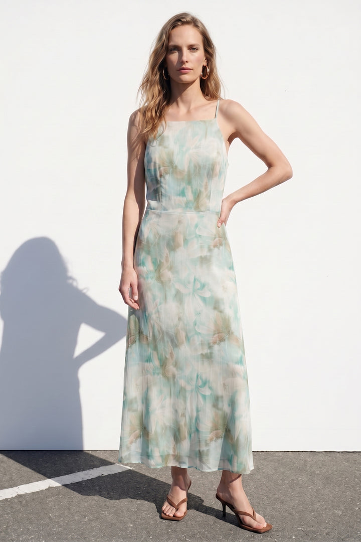 Sateen Robe Longue à Bretelles à Fleurs - Menthe