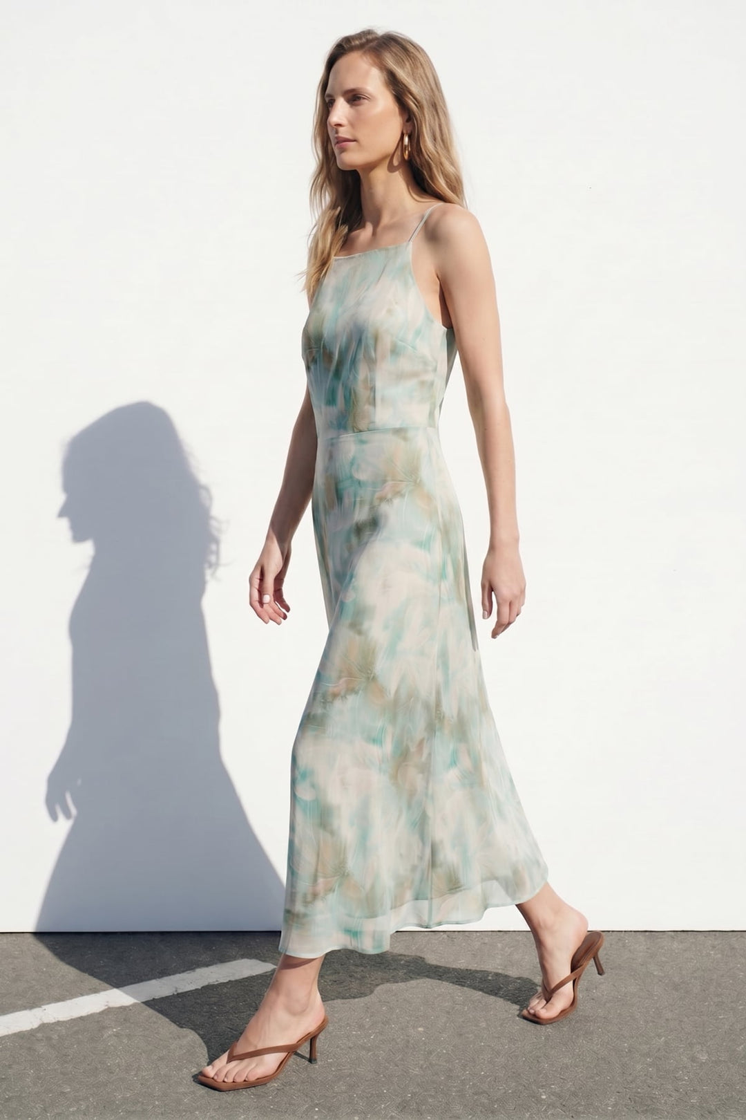 Sateen Robe Longue à Bretelles à Fleurs - Menthe