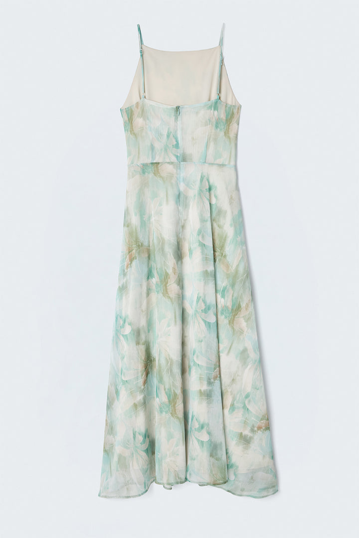 Sateen Robe Longue à Bretelles à Fleurs - Menthe